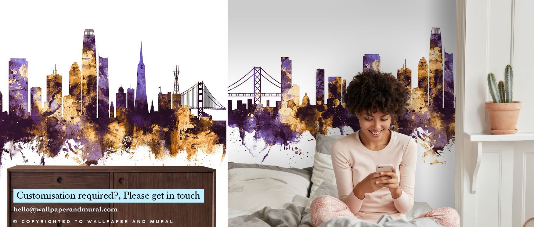 Golden details illuminate the skyline across a backdrop of deep purple. Bedrooms radiate calm luxury, offices foster productivity, and living rooms gain striking grandeur. This design enhances interiors with cultural artistry and jewel-toned brilliance.