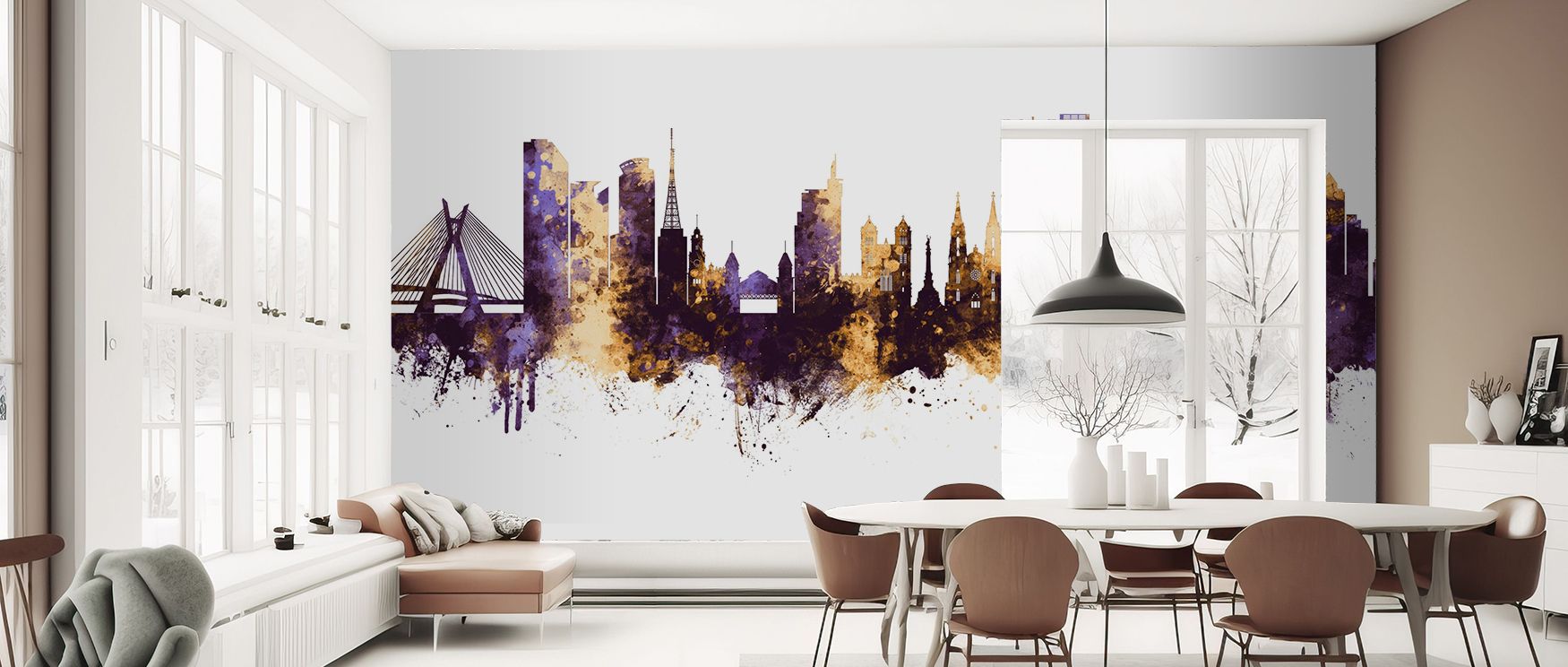 Every building rises with clarity against the jewel toned background filling the wall with richness. Purple shades evoke luxury and gold brings illumination. Bedrooms carry warmth living rooms gain elegance and offices thrive with focus. The wallpaper cap