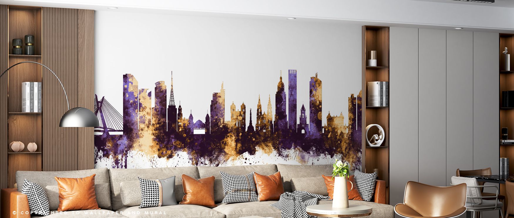 The skyline of São Paulo glows in deep purple tones with accents of gold that shimmer across the wall. Living rooms become bold and vibrant while bedrooms take on warmth and richness. Offices feel inspiring with this dramatic cityscape that carries pride 