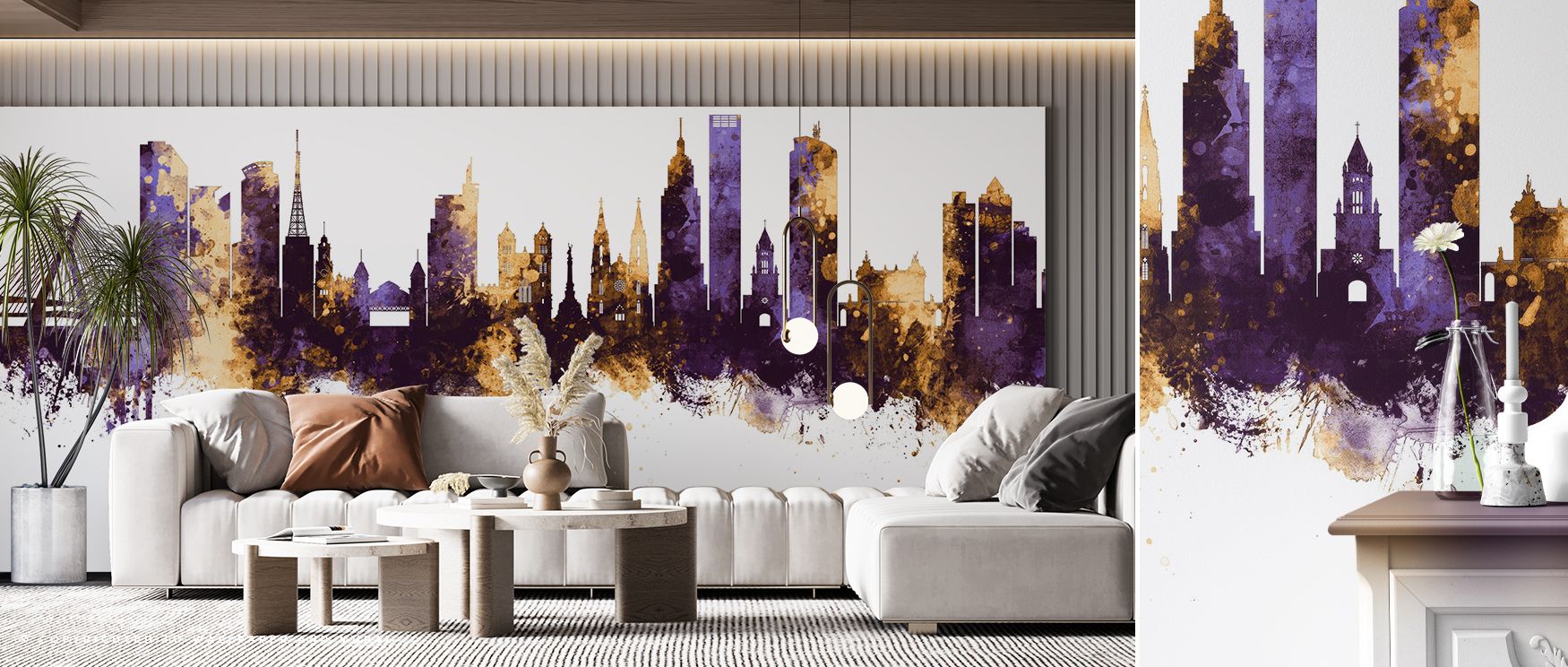 Across the wallpaper the silhouette of São Paulo rises with detail and confidence. Purple shades bring intensity and gold highlights create rhythm that feels alive. This design makes bedrooms glow with indulgent calm while living rooms radiate charm. Offi
