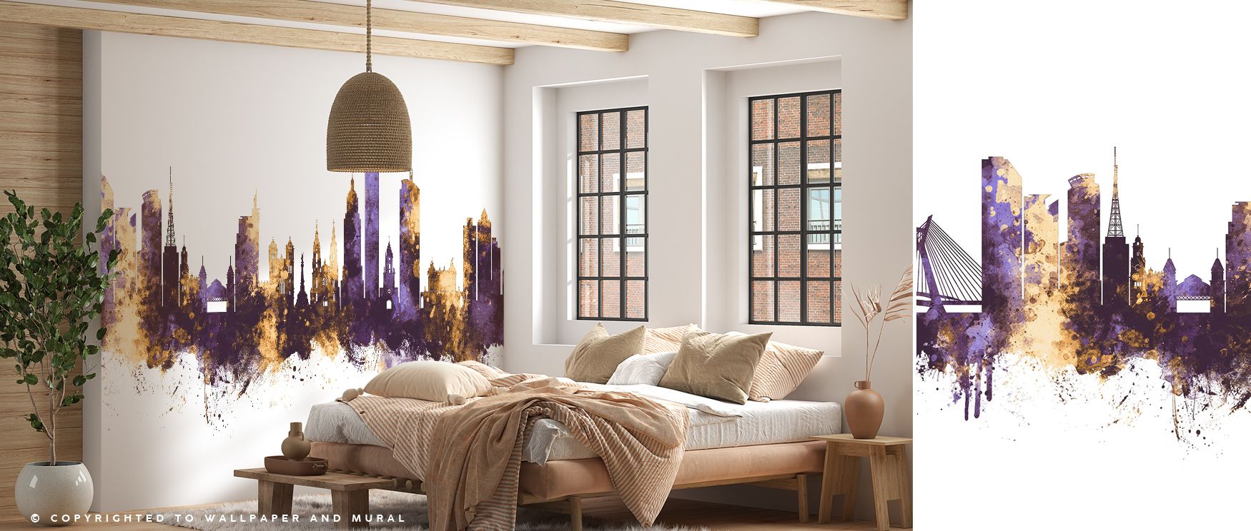 Glowing purple across the skyline creates a dramatic stage for interiors that need vibrancy. Golden details lift the buildings with light that feels rich and artistic. Bedrooms carry a sense of indulgence while offices shine with motivation. Living rooms 