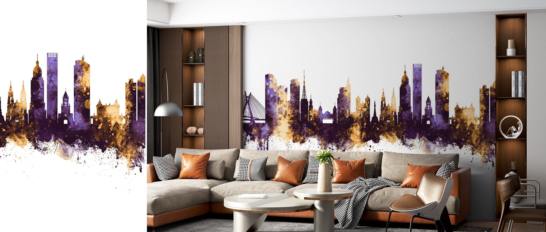 Energy flows through the wallpaper as purple and gold tones work together in harmony. The skyline appears alive filling interiors with rhythm and charm. Bedrooms become restful yet dramatic spaces living rooms shine with sophistication and offices gain cr