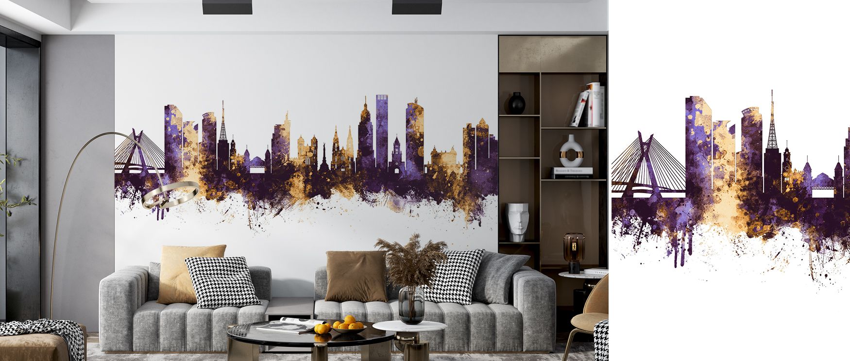 Golden light softens the skyline while purple tones add depth and mystery. The balance enriches rooms with warmth and vibrancy. Bedrooms feel serene yet stylish living rooms gain grandeur and offices reflect determination. The wallpaper turns walls into a