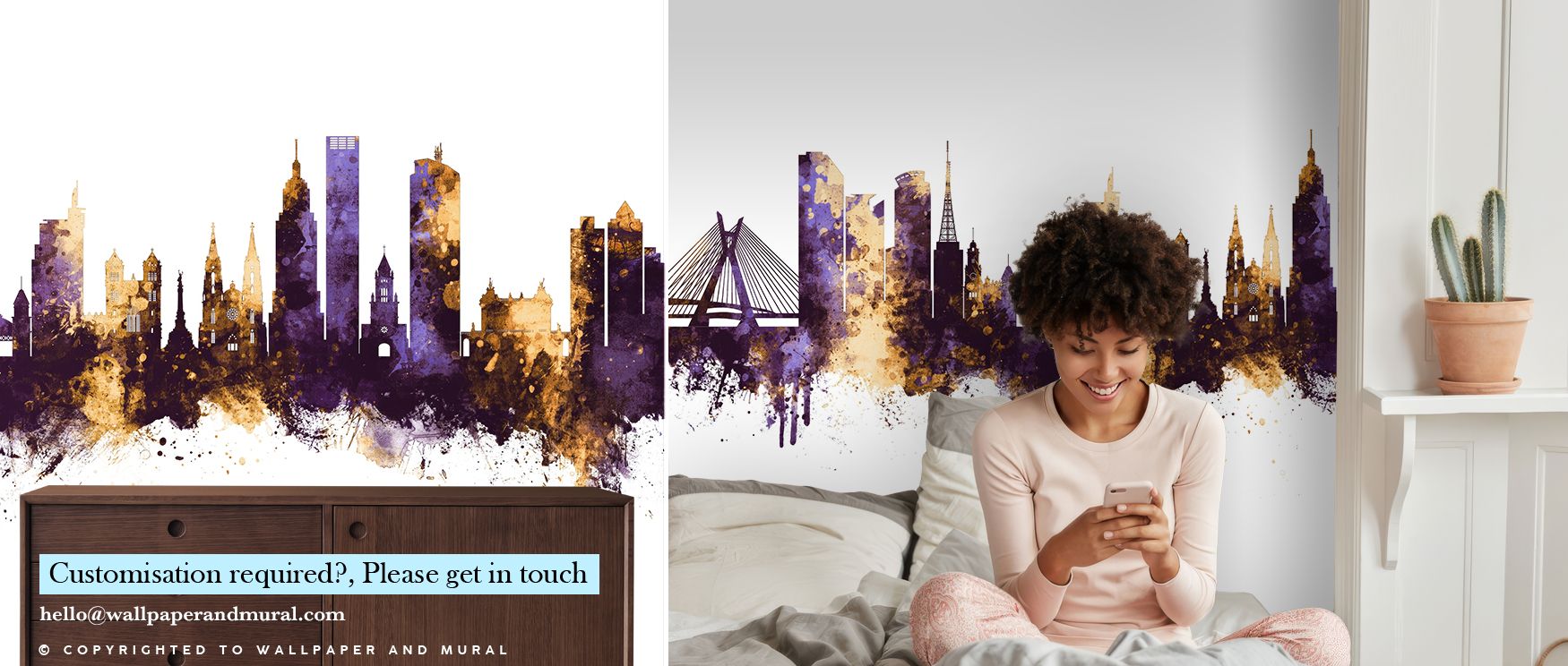 Detailed outlines of São Paulo’s skyline create rhythm across the wallpaper with glowing purple tones and golden highlights. Bedrooms gain indulgence living rooms glow with charm and offices feel bold and confident. The design makes interiors feel alive w