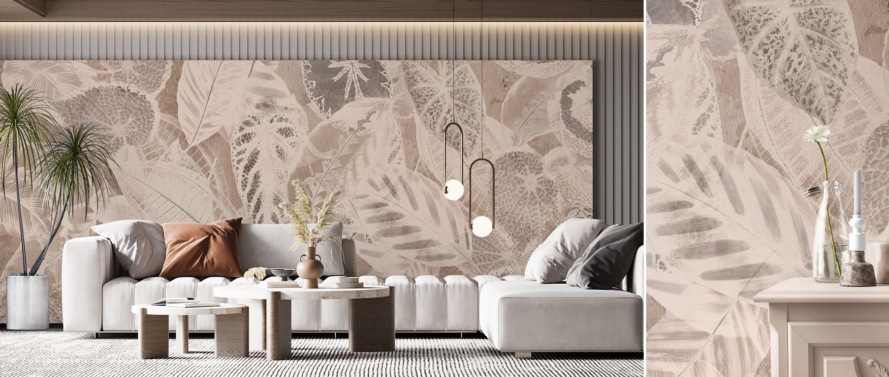 Across the wall detailed leaves flow with rhythm that feels alive. Bedrooms glow with charm offices radiate focus and living rooms gain energy. The botanical pattern adds movement and celebrates the vitality of nature. 