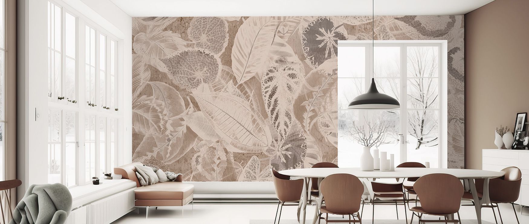 The botanical design spreads in flowing rhythm adding depth to every corner. Bedrooms glow with charm offices take on clarity and living rooms shine with vibrancy. The wallpaper enriches spaces with lively freshness and natural grace. 