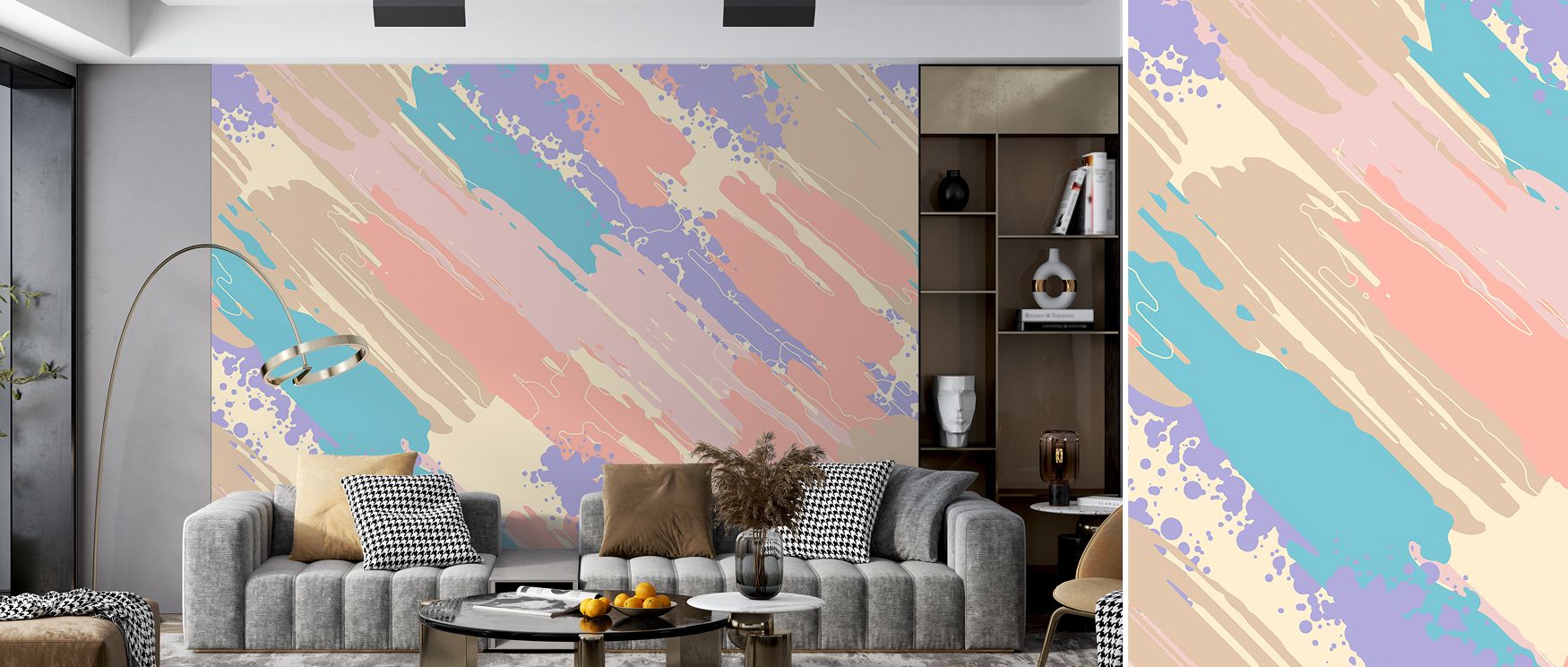 Diagonal angles combine with abstract detail, creating harmony filled with rhythm. Bedrooms glow with vitality, living rooms carry elegance, and offices radiate balance. The wallpaper offers bold expression. 