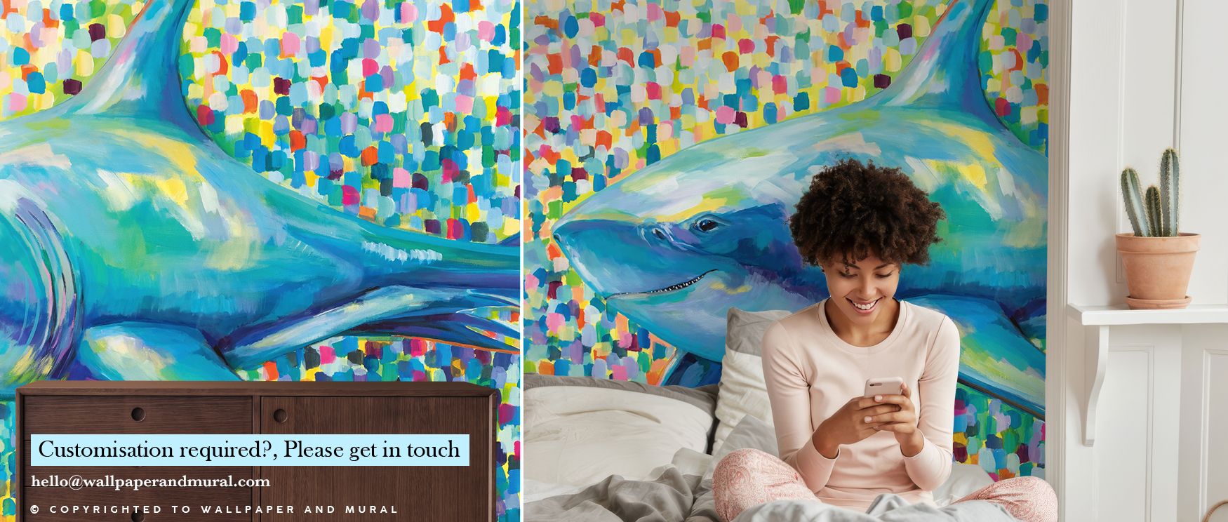 A shark glides across the wallpaper with power and grace, its smiling form creating bold character. Living rooms gain marine sophistication, bedrooms glow with intrigue, and offices shine with confidence. The design enriches interiors with vitality and sp