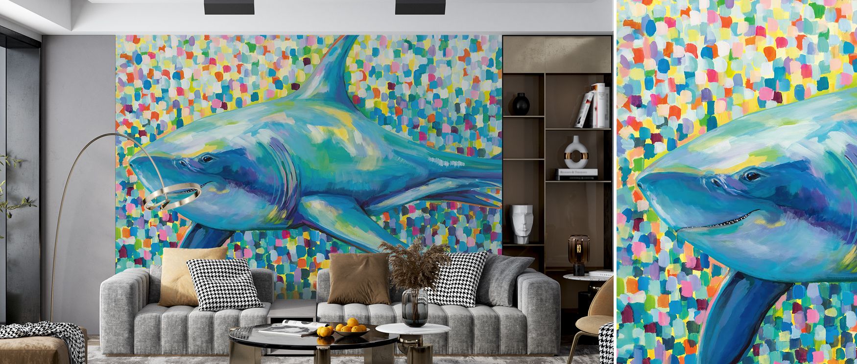 Every section radiates bold rhythm as shark imagery flows across the wall. Bedrooms gain charm, offices glow with focus, and living rooms sparkle with vitality. The wallpaper enriches interiors with energy and marine artistry. 