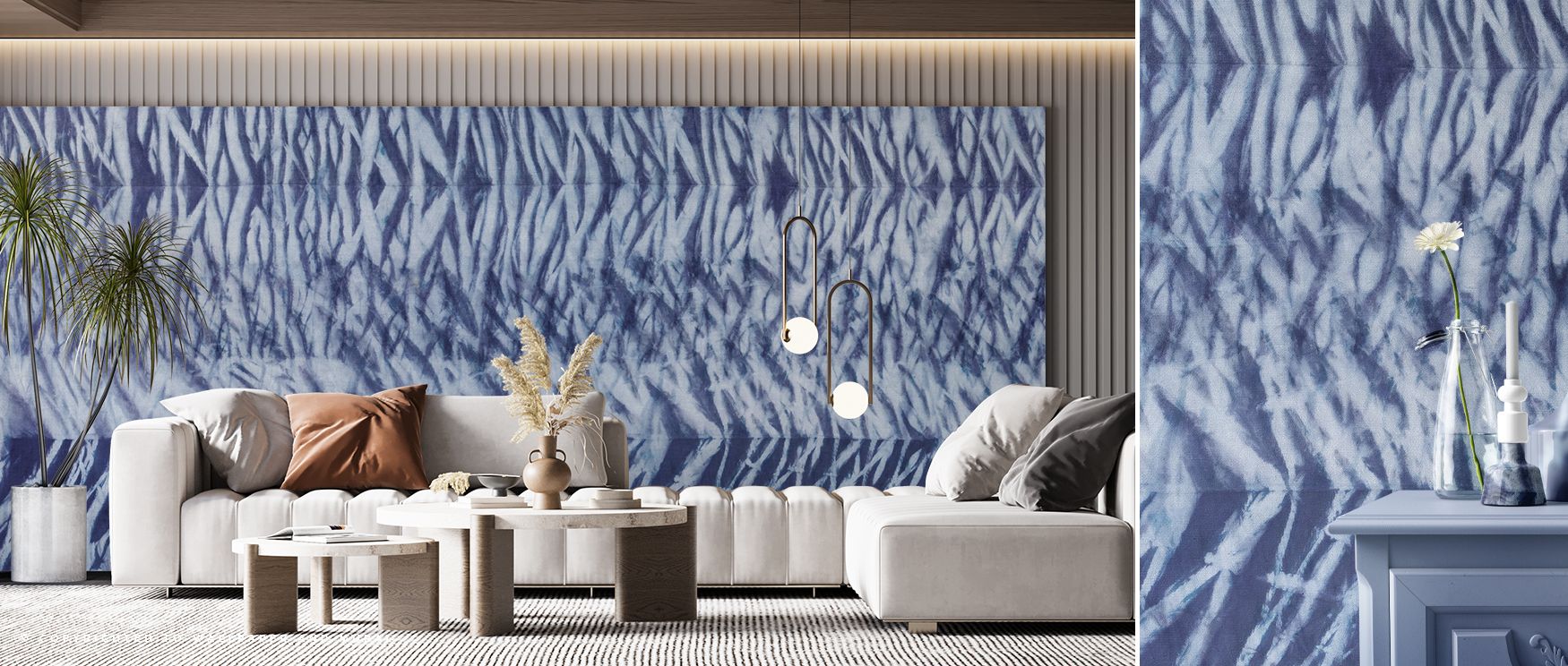 Behind the bed in a serene bedroom, Shiboriscape Compressed Abstract Wallpaper acts as a focal point with intricate textures that combine layered artistry and calming tones, producing a restful retreat where art and tranquility merge, enhancing the experi