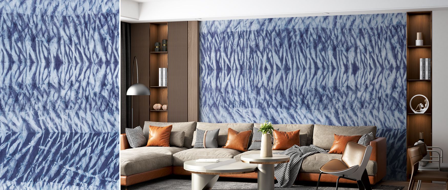 Artistic detail shots of Shiboriscape Compressed Abstract Wallpaper highlight the resemblance of compressed patterns to traditional shibori fabric techniques, bridging cultural artistry with sleek modern surfaces, delivering timeless appeal that complemen