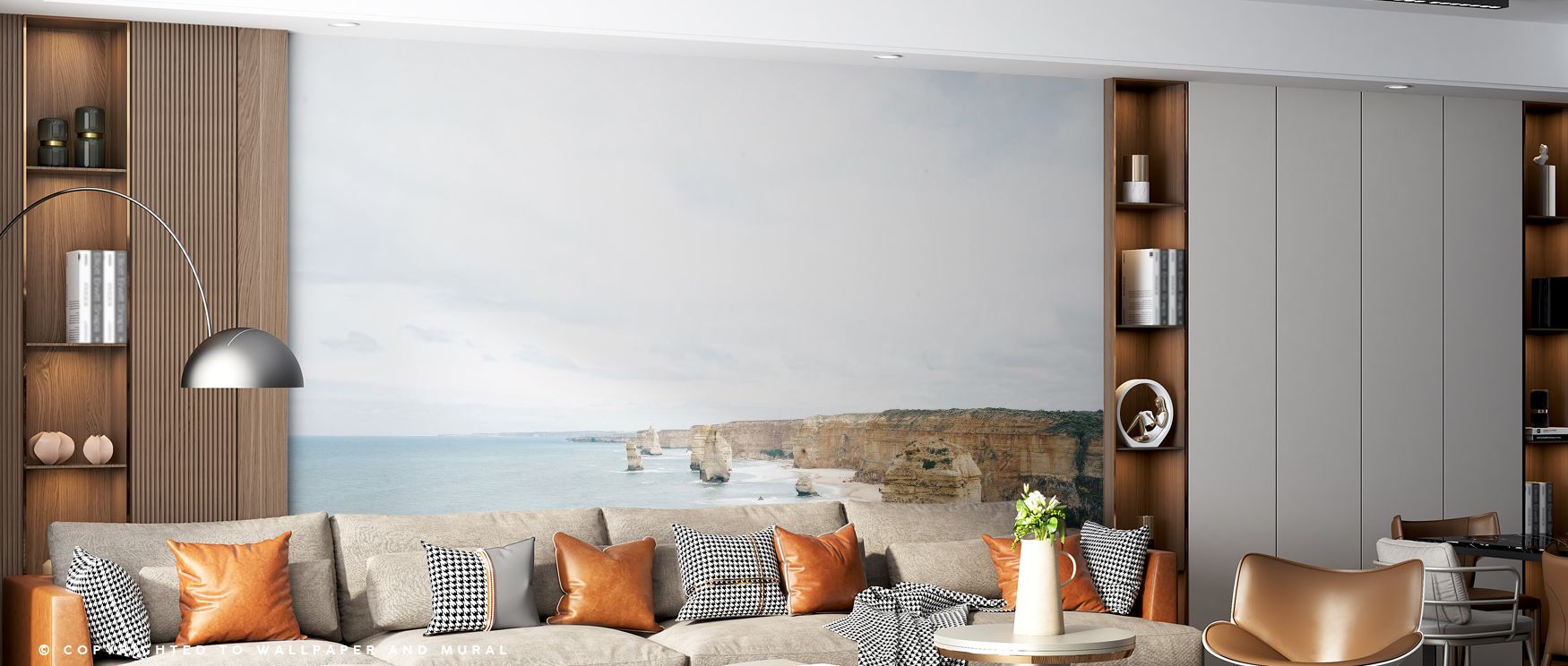 Subtle gradients of Shoreline Scenic Wallpaper in close focus highlight how muted tones form a meditative surface that provides timeless calm, making it a versatile choice for bedrooms, offices, or living spaces seeking balance without overwhelming design