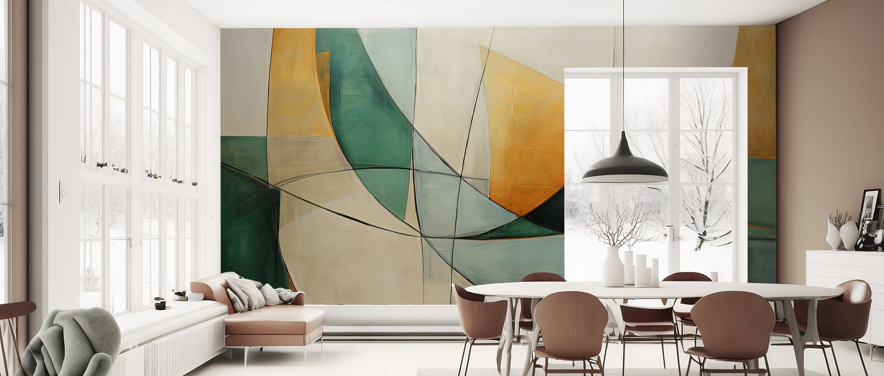 Bright living areas paired with Shorelines Scenic Wallpaper emphasize how shoreline imagery enhances openness, with soft tones expanding the sense of light and air, producing interiors that blend coastal elegance with modern sophistication. 