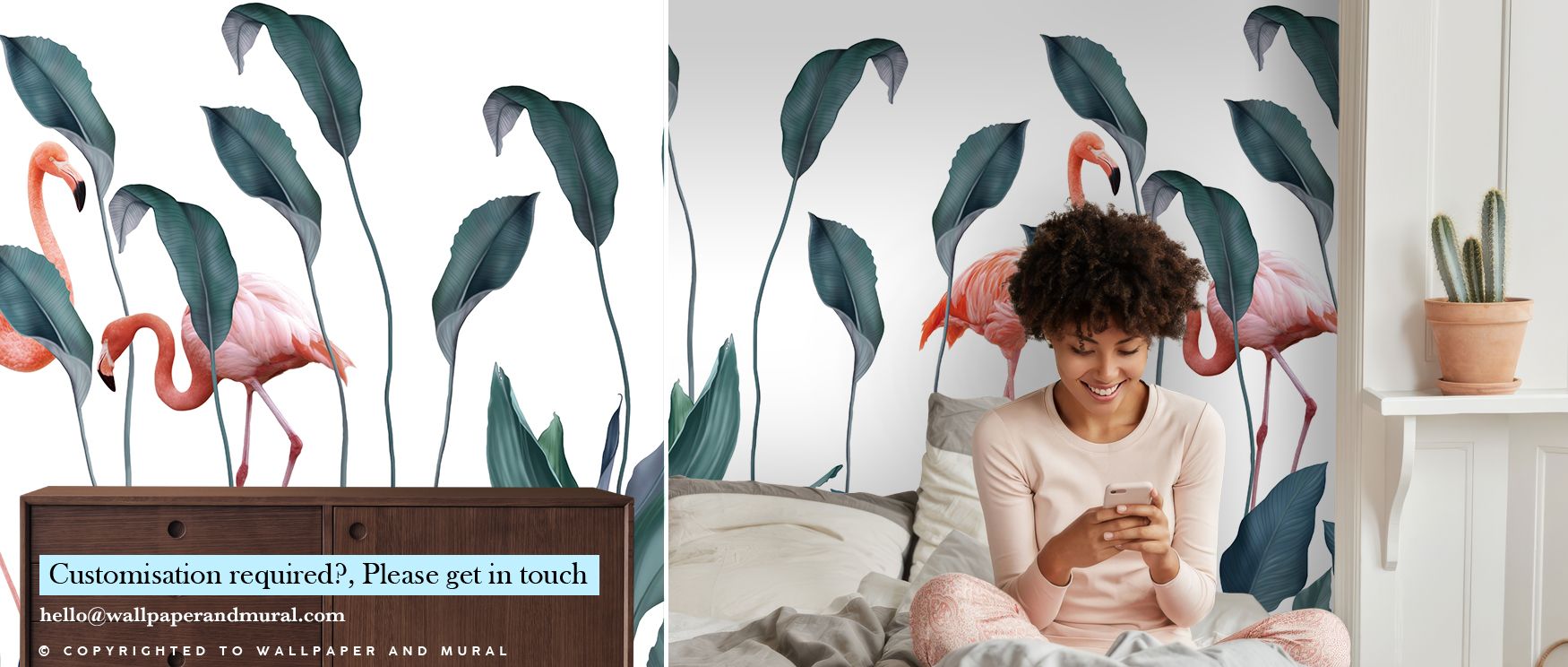 Within a living room, Shy Flamingos Nature Wallpaper showcases the balance between vivid flamingo imagery and subtle natural tones, producing a lively yet elegant backdrop that enhances furniture arrangements and invites freshness into the overall space. 