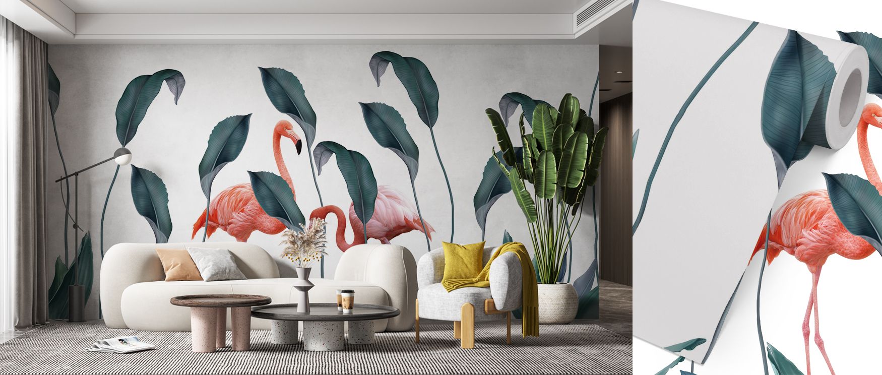 Bedroom walls adorned with Shy Flamingos Nature Wallpaper display a serene yet playful mood where flamingos appear in their natural grace, offering a unique feature wall that adds both vitality and calm, transforming sleeping areas into inviting retreats.