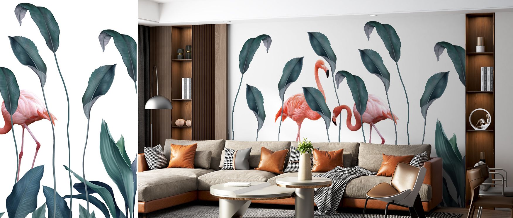 A detailed view of Shy Flamingos Nature Wallpaper reveals intricate plumage, with soft hues blending into graceful postures, providing artistry that enriches interiors while keeping the atmosphere bright, modern, and refreshing. 