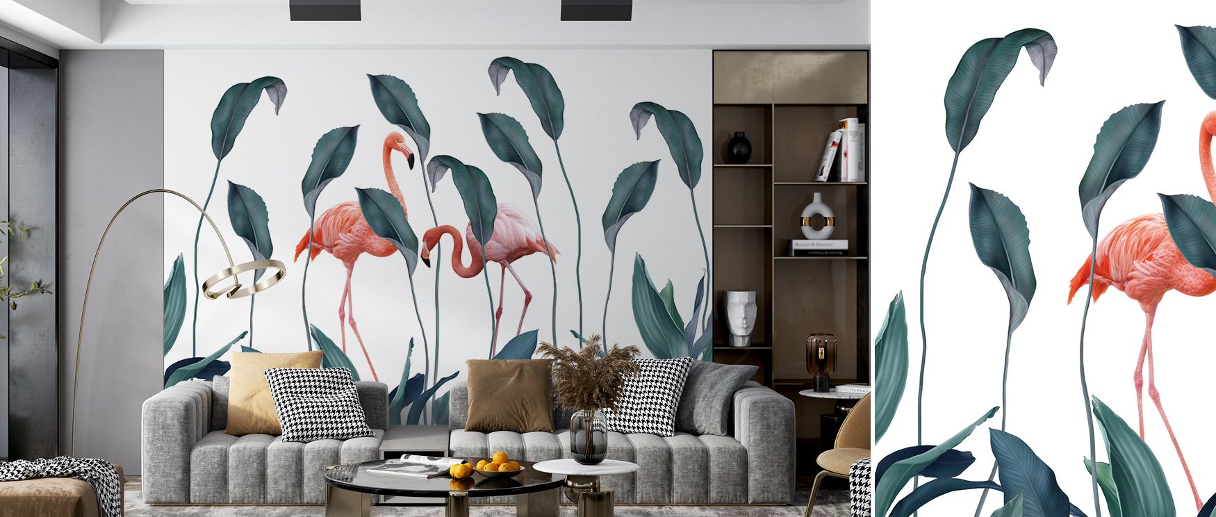 Sunlit spaces paired with Shy Flamingos Nature Wallpaper highlight how natural light enhances flamingo imagery, intensifying vibrancy and making interiors feel dynamic yet balanced with gentle tones that flow across the surface. 