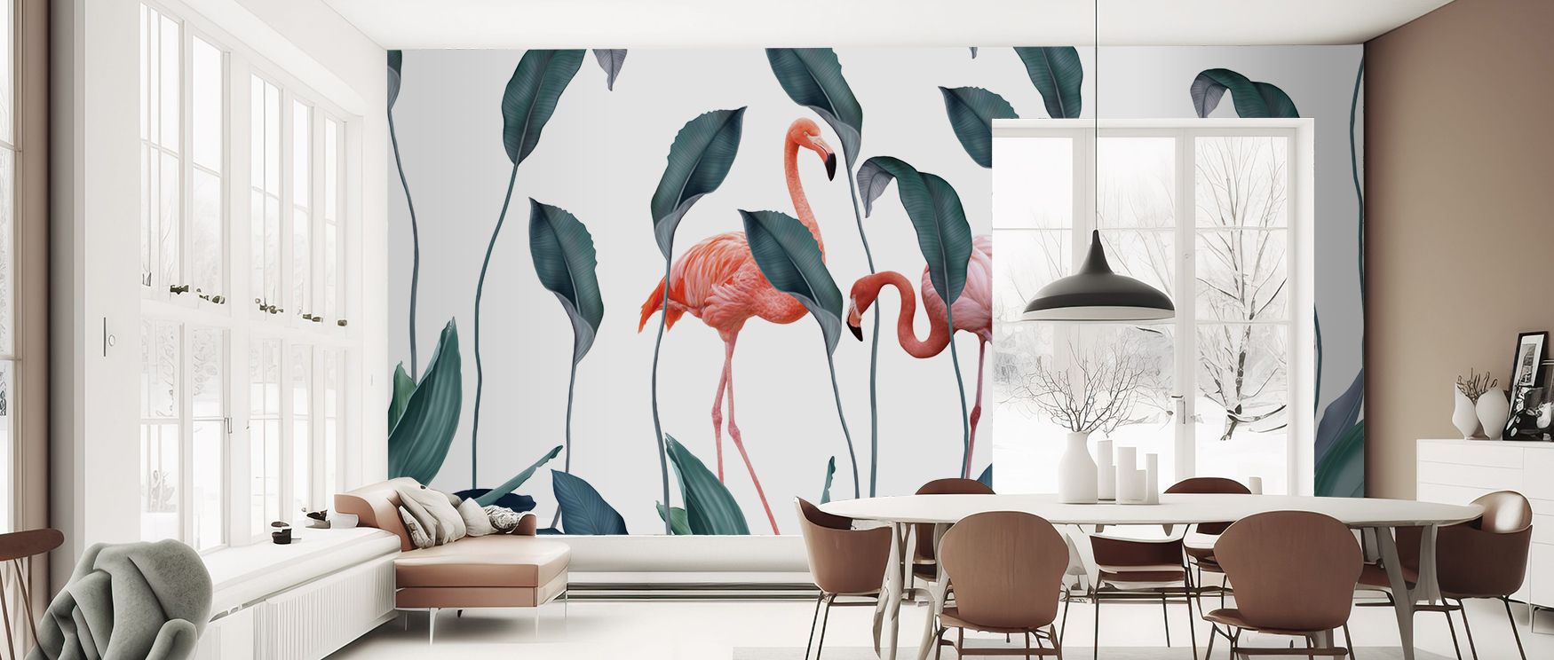 Dining areas styled with Shy Flamingos Nature Wallpaper show how lively flamingo details uplift gatherings, allowing the space to feel welcoming, stylish, and infused with natural elegance while encouraging conversation and connection. 