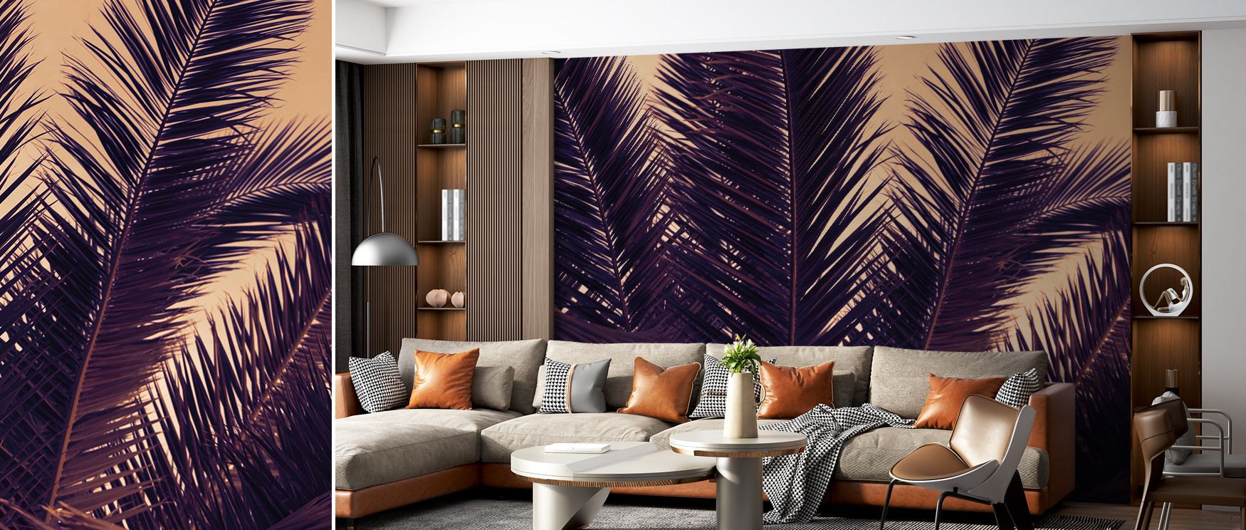 Close views of Shy Palm Leaves Botanical Wallpaper highlight overlapping textures where fine leaf details enhance visual dimension, creating surfaces that feel elegant and timeless, blending artistic design with natural inspiration. 