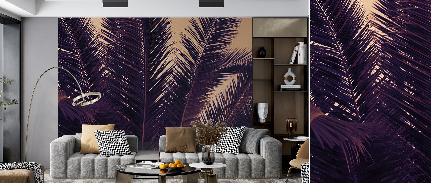 Sunlit corners paired with Shy Palm Leaves Botanical Wallpaper showcase how natural light enhances green foliage, creating interiors that glow with vitality and radiate a balance of brightness and calm. 