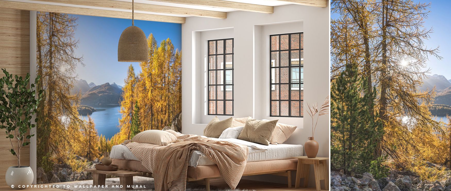Autumn reflections shine through Silsersee Fall Scenic Wallpaper where tranquil waters mirror golden trees, producing interiors that exude peace and seasonal charm, ideal for creating restful living or working environments that celebrate nature’s transiti