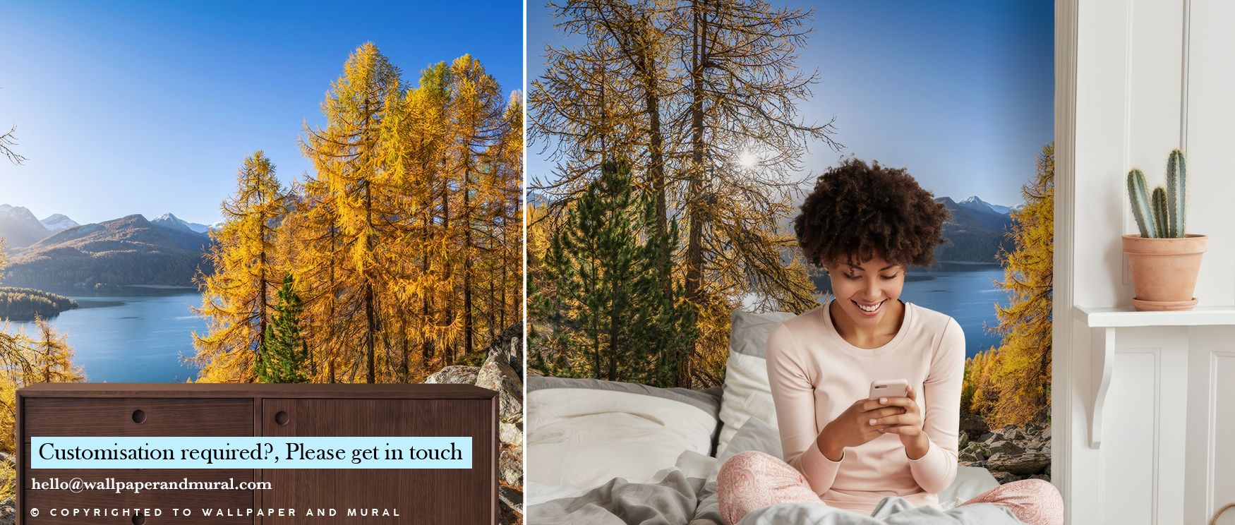 Living rooms styled with Silsersee Fall Scenic Wallpaper highlight how autumn landscapes create warmth, inviting balance and calm into interiors while harmonizing with cozy furnishings and gentle light, offering rooms filled with seasonal serenity. 