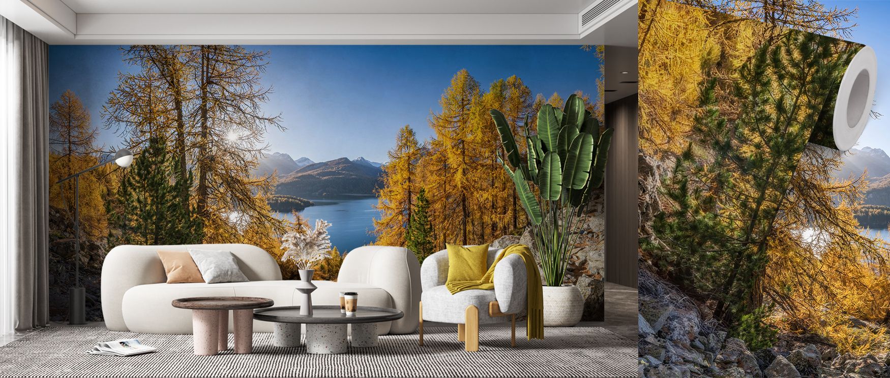 Bedrooms enhanced with Silsersee Fall Scenic Wallpaper reflect calm landscapes of trees and water, transforming walls into peaceful vistas that provide restful escapes filled with autumnal beauty, perfect for relaxing retreats. 