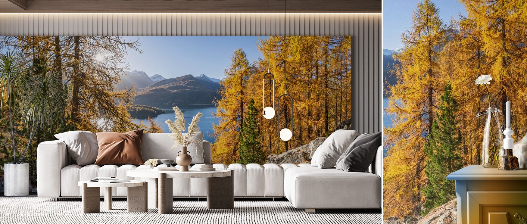 Offices styled with Silsersee Fall Scenic Wallpaper reveal how seasonal imagery balances productivity with calm, offering natural beauty that softens workspaces and keeps the environment inspiring and serene. 