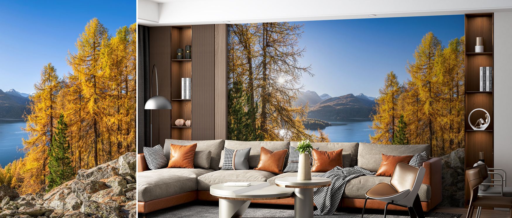 Detailed views of Silsersee Fall Scenic Wallpaper capture textures of autumn foliage blending with still water, creating surfaces that resonate with warmth, harmony, and natural elegance, suitable for both rustic and modern interiors. 