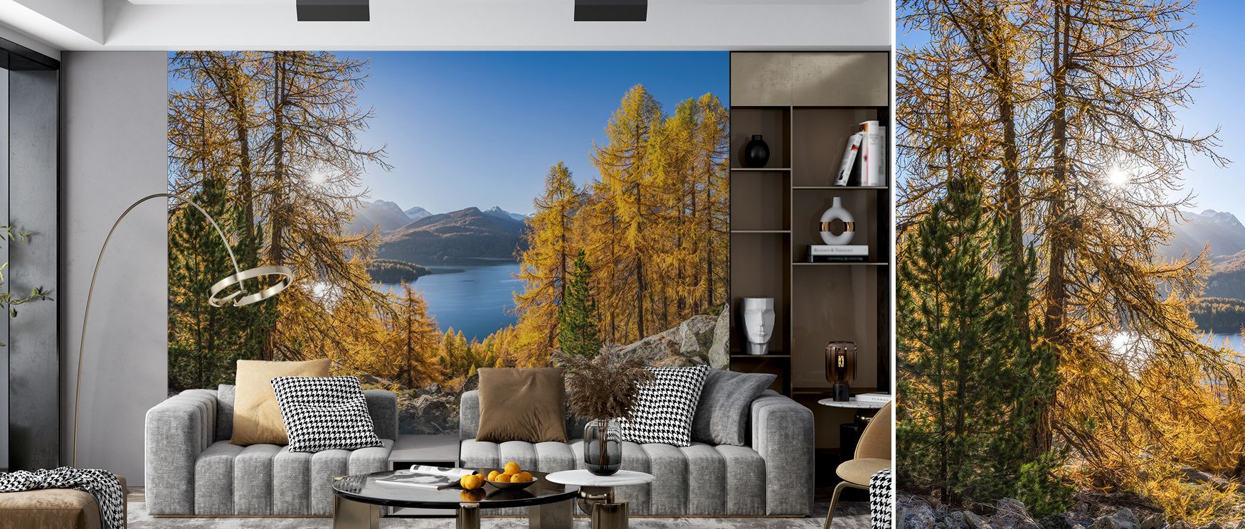Sunlit interiors paired with Silsersee Fall Scenic Wallpaper demonstrate how natural light interacts with seasonal tones, brightening walls while maintaining warmth, ensuring interiors feel both open and tranquil. 