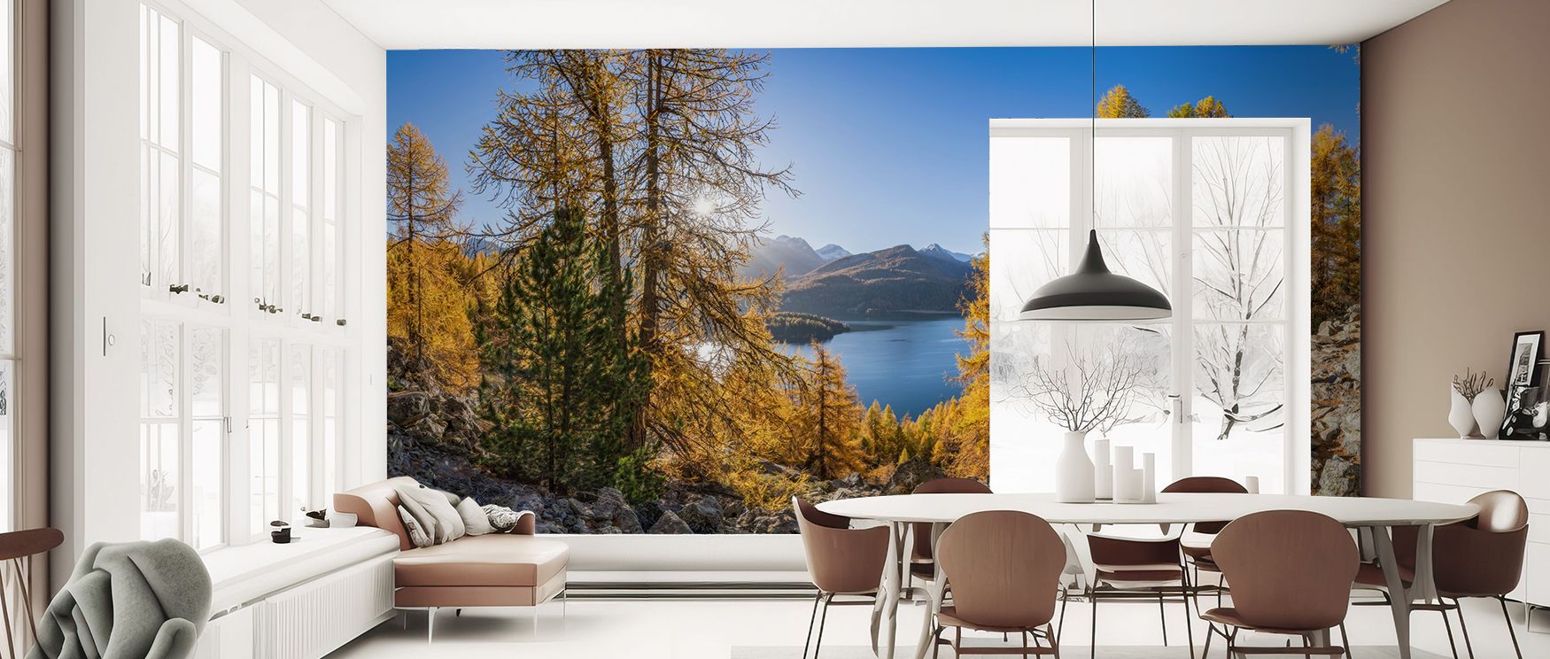 Dining areas styled with Silsersee Fall Scenic Wallpaper show how golden fall tones create inviting spaces where family gatherings feel enhanced by natural backdrops that radiate beauty and comfort. 