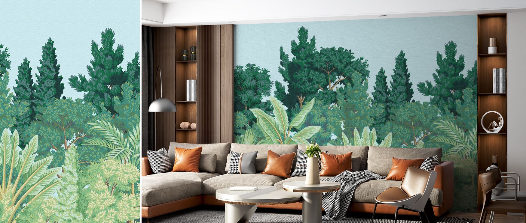 Close-up views of Silva Tropica Botanical Wallpaper showcase rich foliage textures where fine details create depth and harmony, presenting walls as living works of art that elevate everyday interiors into botanical sanctuaries. 