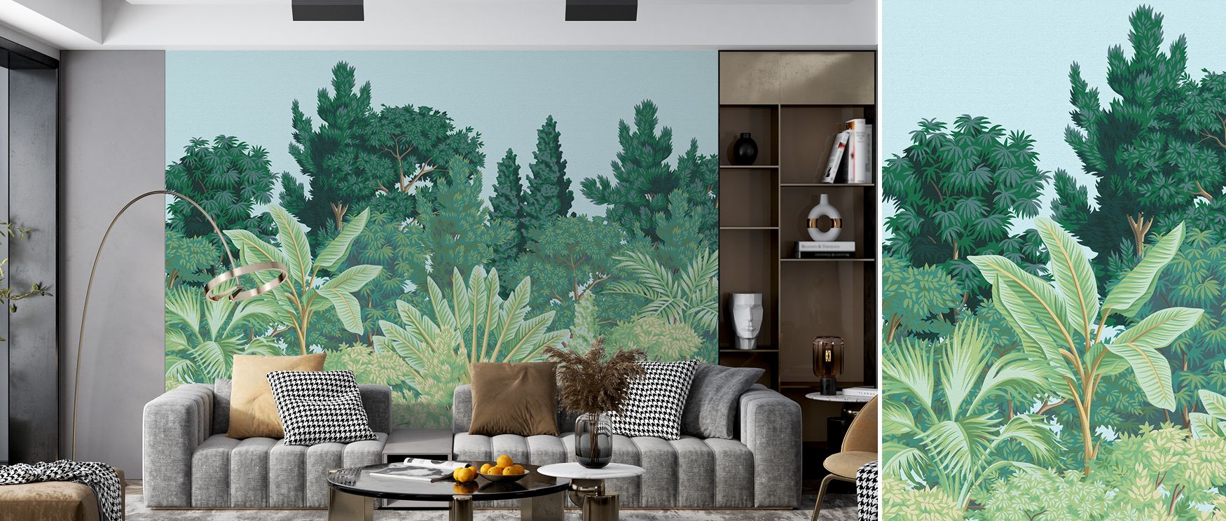 Sunlit interiors paired with Silva Tropica Botanical Wallpaper highlight how greenery interacts with natural light, producing bright, open environments filled with uplifting vibrancy and tropical elegance. 
