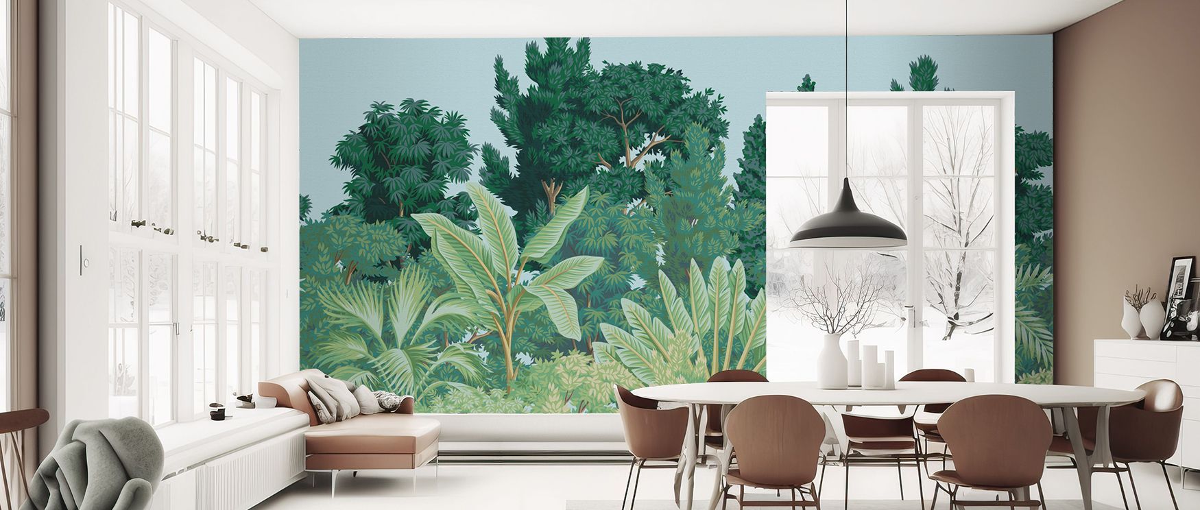 Dining rooms styled with Silva Tropica Botanical Wallpaper show how tropical plants create lively environments that make gatherings warm, energetic, and visually captivating, infusing shared spaces with natural beauty. 