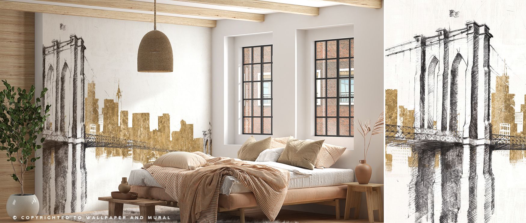 Skyline Crossing Gold Abstract Wallpaper features intersecting golden strokes arranged with rhythmic precision. The design suggests motion within balance, capturing energy through shimmering lines. Subtle shading deepens contrast, creating surfaces that g