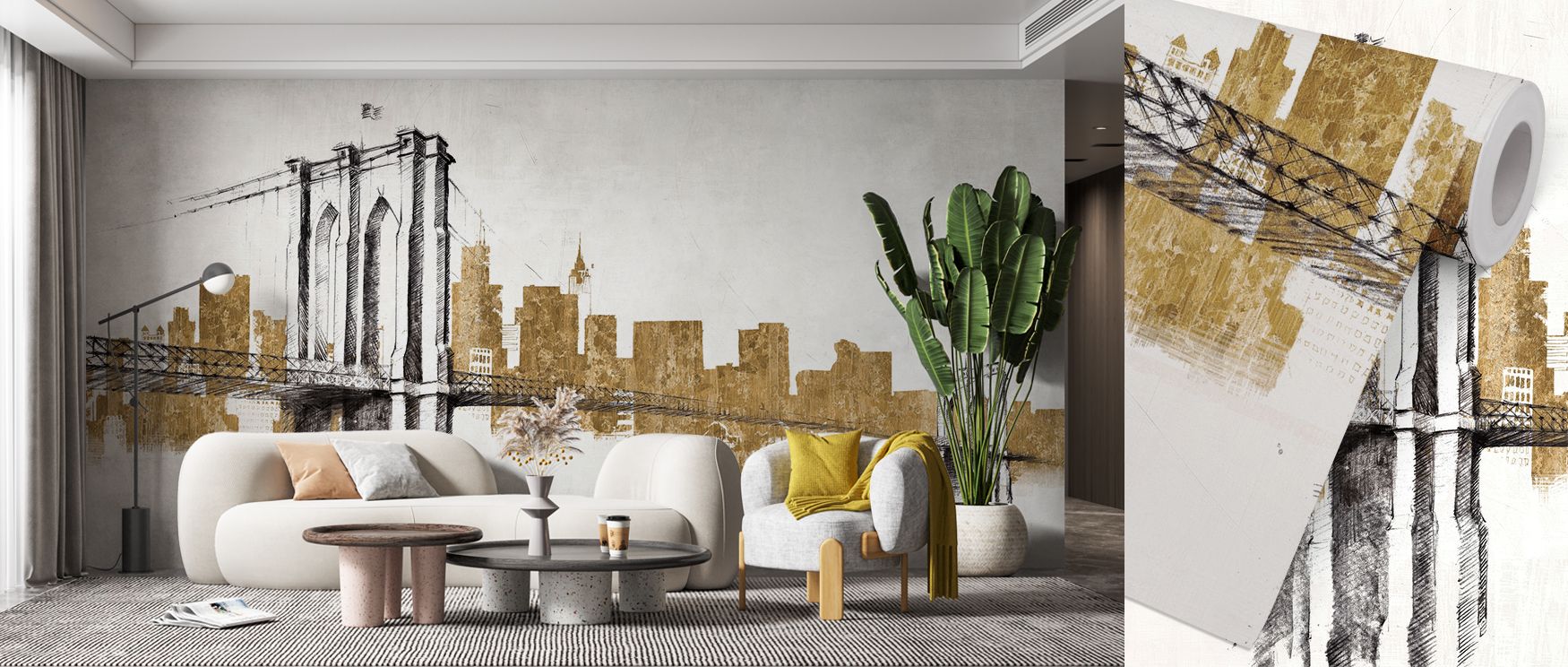 Skyline Crossing Gold Abstract Wallpaper illustrates bold golden lines crossing diagonally across textured grounds. The design conveys power and brilliance. Its artistry interprets abstraction into harmony, blending geometry with metallic vibrancy. Light 