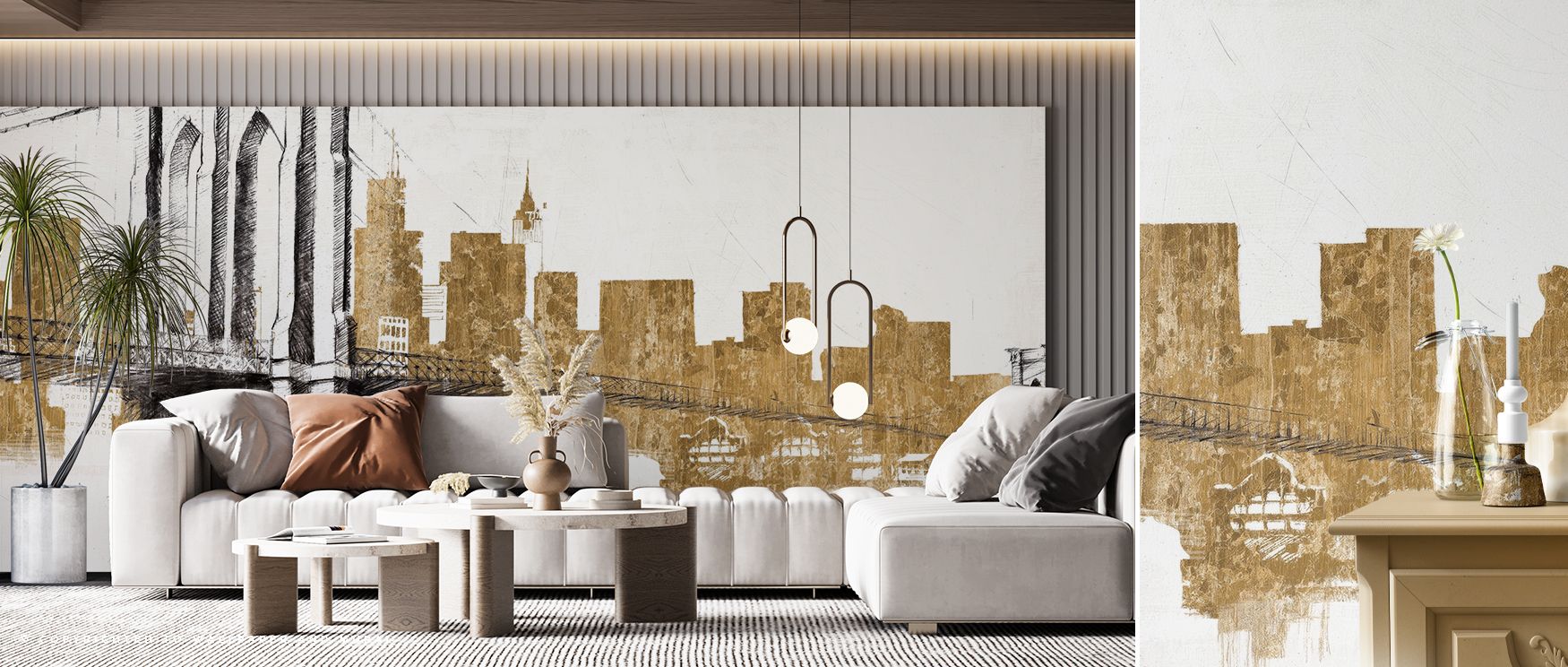 The arrangement of Skyline Crossing Gold Abstract Wallpaper emphasizes tension and release, where golden lines collide and separate across the surface. The design feels both structured and free. Its artistry highlights layers of metallic motion, presentin