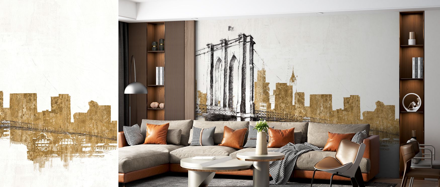 Skyline Crossing Gold Abstract Wallpaper presents luminous intersections of golden strokes, merging into abstract pathways that glow with brilliance. The design conveys direction and rhythm. Its artistry captures the impression of light traveling across a