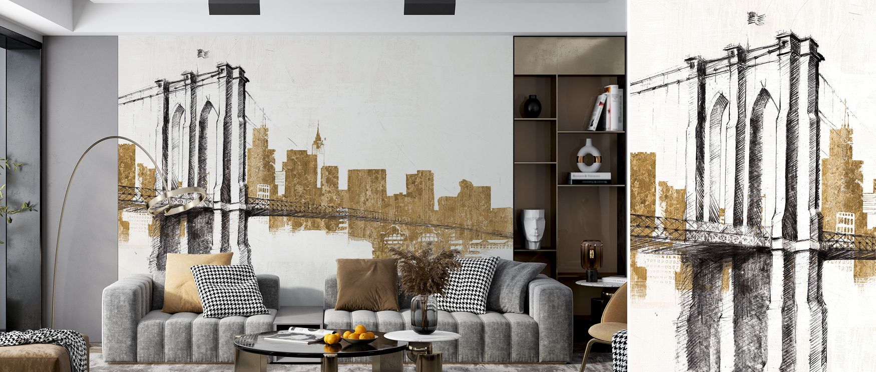 Skyline Crossing Gold Abstract Wallpaper highlights golden patterns structured like illuminated scaffolding. The design feels architectural yet fluid. Subtle gradients enrich depth. Its artistry conveys glowing pathways, suggesting motion and modernity. E