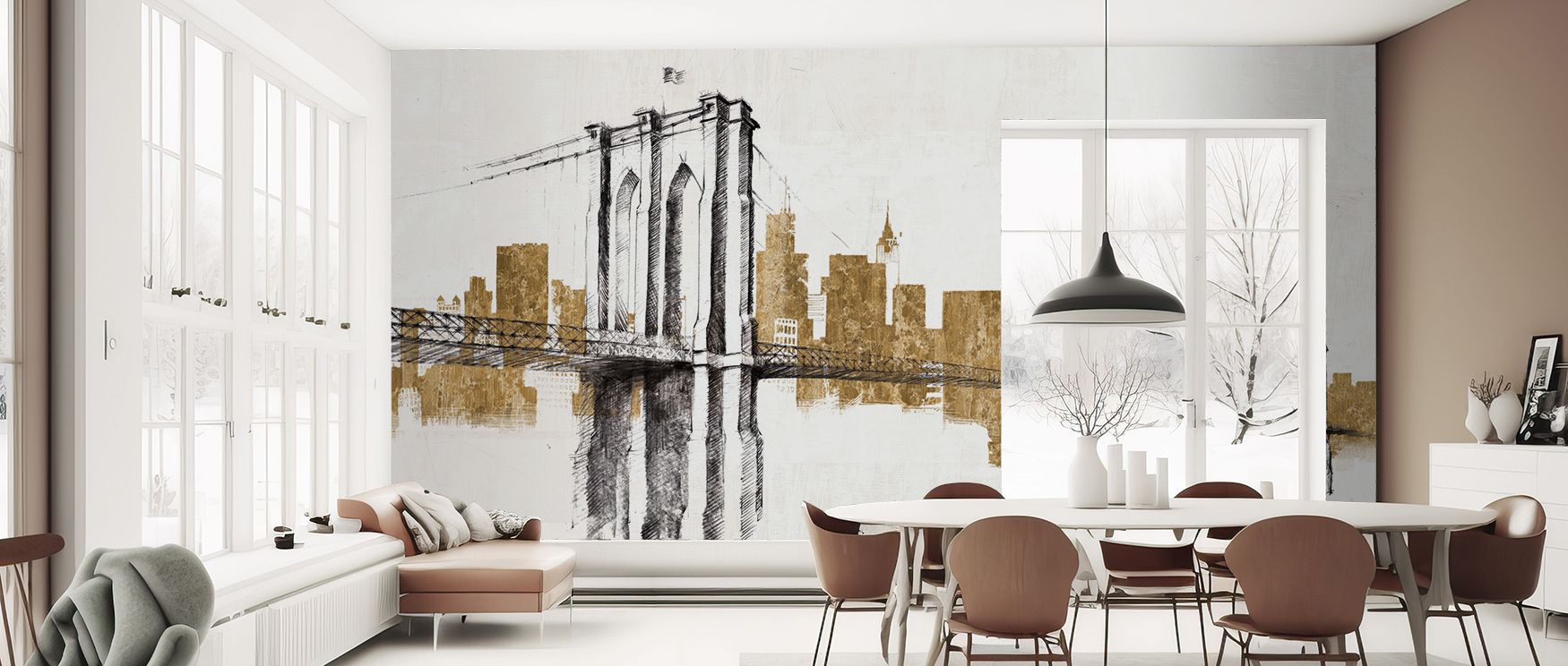 In Skyline Crossing Gold Abstract Wallpaper, metallic lines create diagonal layers of tension, producing a design that feels both commanding and refined. The artistry emphasizes balance in contrast. Golden tones dominate the surface with richness. Its abs