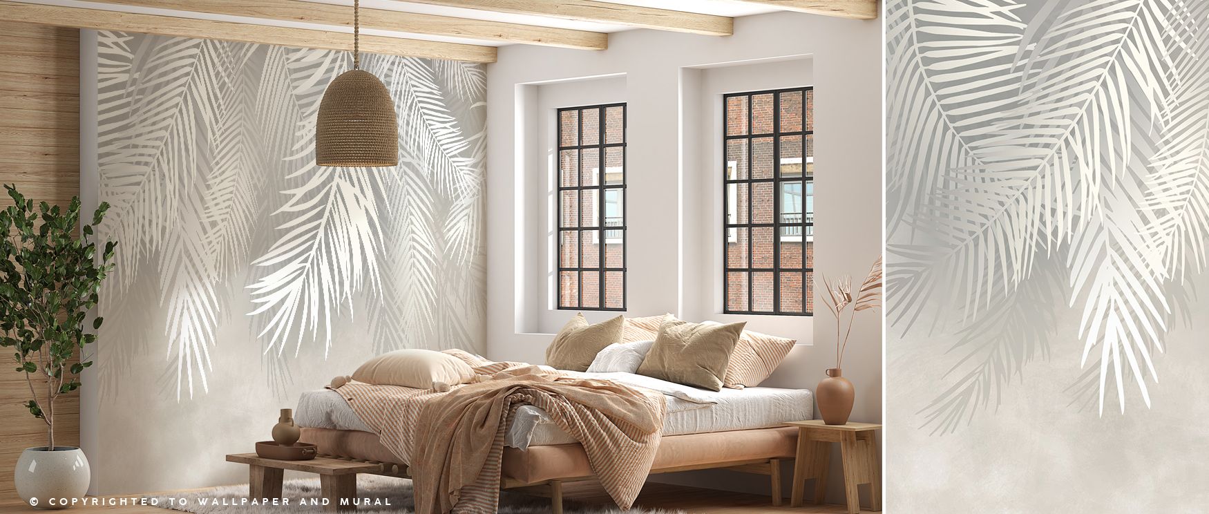 Snow Palms Botanical Wallpaper presents tropical palm fronds covered with snow accents, combining unexpected elements into harmonious design. The artistry lies in layering natural curves with seasonal softness, producing contrast that feels unique yet bal