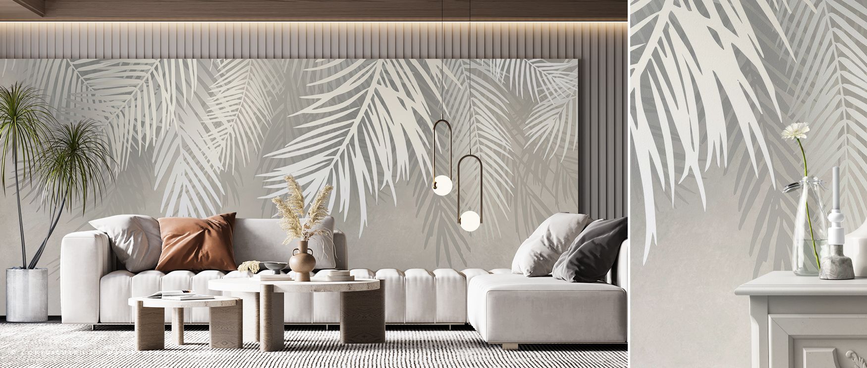 Snow Palms Botanical Wallpaper displays palm structures softened by pale overlays that resemble snow resting on each leaf. The design conveys softness within strength. Its artistry balances lush detail with seasonal accents. The composition feels rhythmic