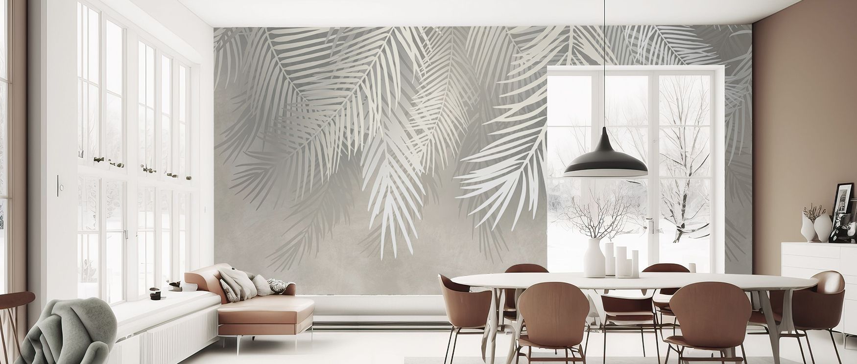 Snow Palms Botanical Wallpaper highlights flowing palm structures layered with pale detailing that evokes snowfall. The design emphasizes natural rhythm and elegance. Its artistry lies in blending contrasts seamlessly. Shading enriches dimension. The comp