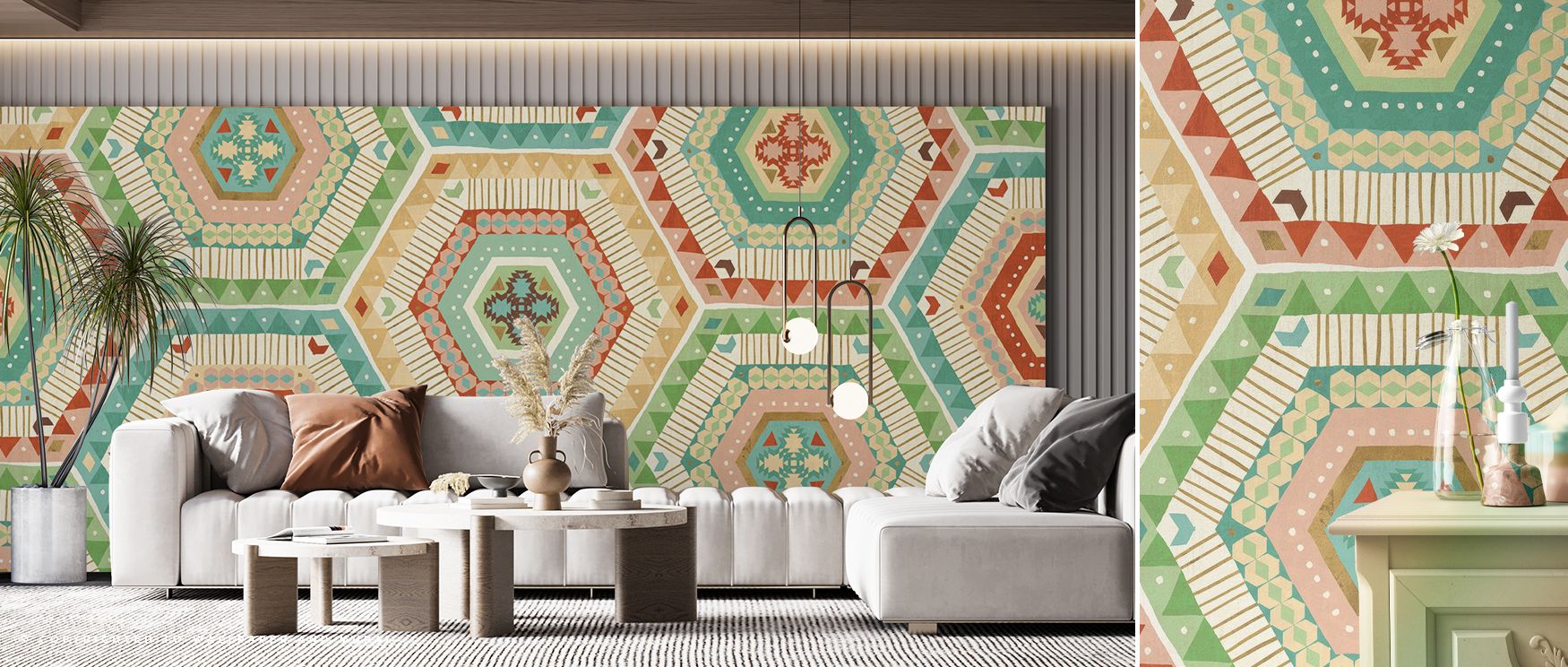 Southwest Geo XI Abstract Wallpaper demonstrates angular figures aligned in continuous repetition. The design conveys rhythm through order. Its artistry interprets southwestern abstraction. Shaded details enhance depth. The surface radiates energy. The im