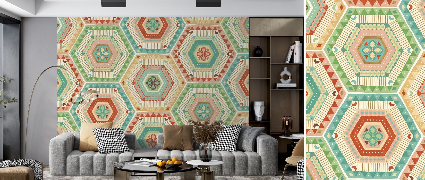 Southwest Geo XI Abstract Wallpaper layers angular figures into cohesive compositions. The design conveys rhythm and strength. Its artistry interprets culture into abstract form. Tonal shading enriches surfaces. The imagery radiates balance. The compositi