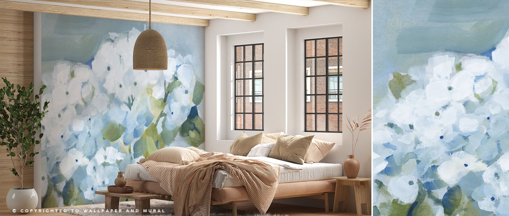 Spring Cottage Hydrangeas Floral Wallpaper arranges clustered blossoms into layered rhythm, where petal edges form soft contours that drift across the surface with quiet grace. Subtle highlights and shaded troughs create a sculpted feel in the floral mass