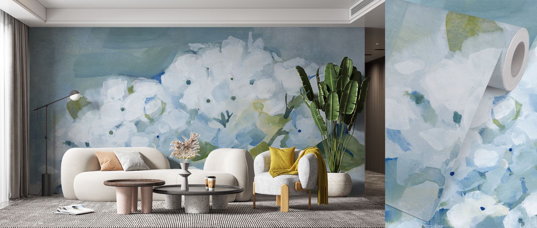 The drawing style in Spring Cottage Hydrangeas Floral Wallpaper favors fine outlines and feathered shading that taper into translucency. Petal interiors carry faint veining for quiet realism. Overlapping forms produce parallax as you move, suggesting dept