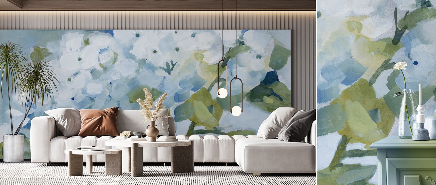 Cluster spacing in Spring Cottage Hydrangeas Floral Wallpaper sets a measured tempo that guides the eye laterally, never forcing abrupt stops or tangles. Petal silhouettes alternate rounded and scalloped contours for gentle variety. Micro-shadows collect 