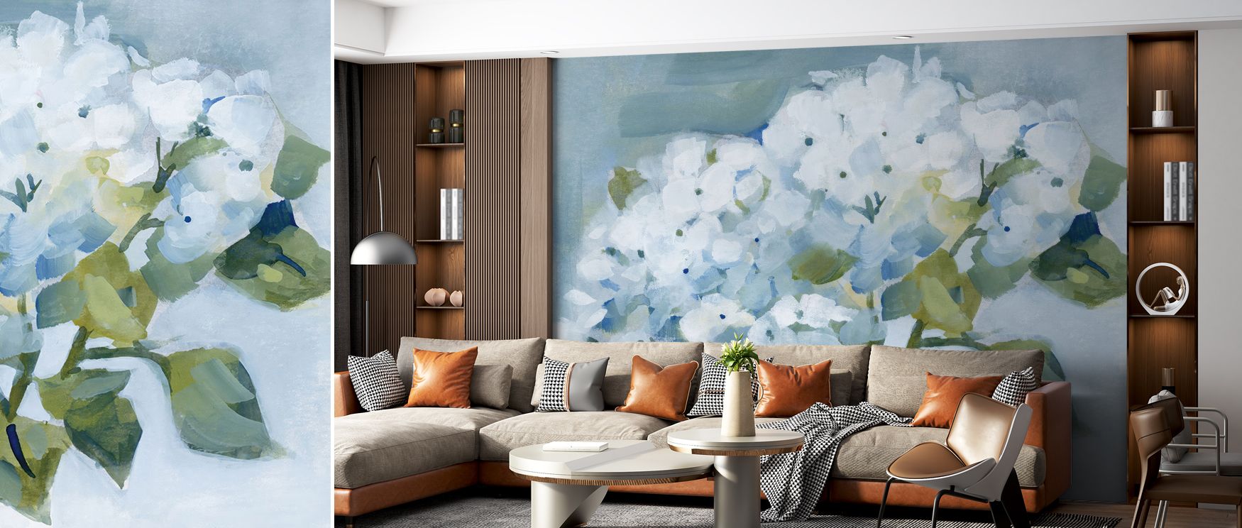 Spring Cottage Hydrangeas Floral Wallpaper choreographs bloom density from center outward so forms appear to unfurl, not stamp. Peripheral petals dissolve softly to prevent hard edges. The drawing respects botanical proportion, avoiding exaggeration for t