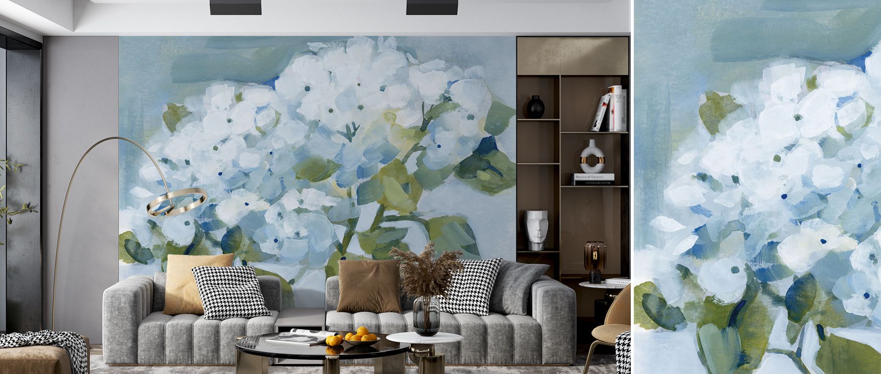 Spring Cottage Hydrangeas Floral Wallpaper balances illustrative finesse with pattern discipline, ensuring repeats feel natural rather than mechanical. Rotation and offset avoid rigid tiling artifacts. Petal clusters nest like cloud forms to keep continui
